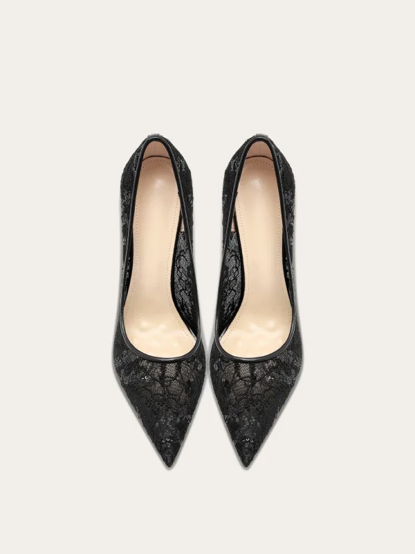Charmant Schwarz Pailletten Spitze Blumen Abend Pumps 2025 10 cm Stilettos Spitzschuh Pumps Hochhackige