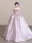 Lovely Blushing Pink Lace Flower Appliques Prom Dresses 2026 Ball Gown Strapless Sleeveless Backless Sweep Train Formal Dresses