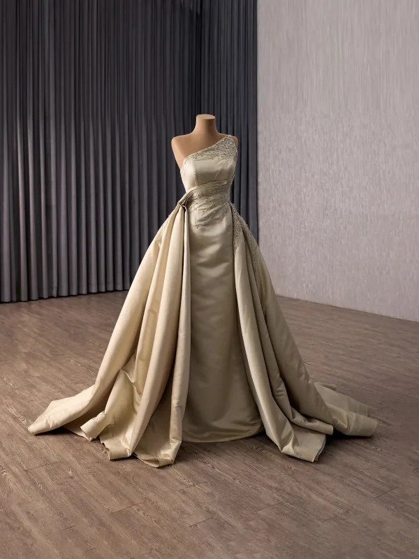 High End Gelb Handgefertigt Perlenstickerei Strass Pailletten Satin Ballkleider 2026 Meerjungfrau One-Shoulder Ärmellos Sweep / Pinsel Zug Festliche Kleider