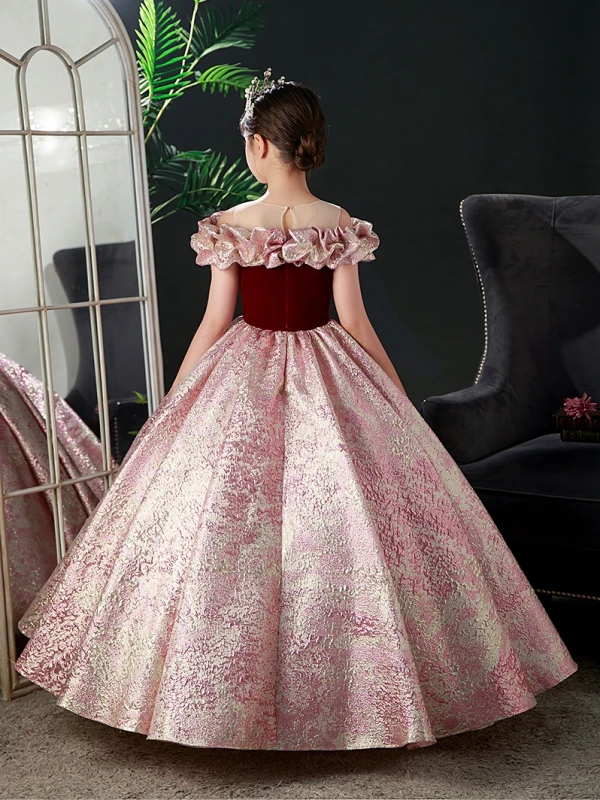 Elegant Burgundy Prom Flower Girl Dresses 2022 Ball Gown Ruffle Scoop Neck Sequins Short Sleeve Floor-Length / Long Flower Girl Dresses