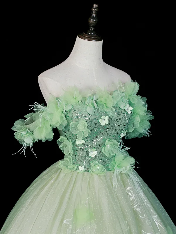 Fée Des Fleurs Vert Cendré Appliques Perlage En Dentelle Fleur Paillettes Robe De Bal 2026 Robe Boule De l'épaule Manches Courtes Dos Nu