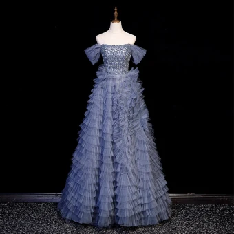 Sexy Océan Bleu Volants En Cascade Perlage Paillettes Robe De Bal 2023 Princesse De L Épaule Manches Courtes Dos Nu Longue Robe Ceremonie Fille