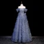 Sexy Ocean Blue Cascading Ruffles Beading Sequins Prom Dresses 2023 A-Line / Princess Off-The-Shoulder Short Sleeve Backless Floor-Length / Long Flower Girl Dresses