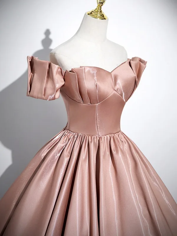 Elegant Champagne Satin Prom Dresses 2025 Ball Gown Off-The-Shoulder Short Sleeve Backless Floor-Length / Long Prom Formal Dresses