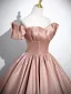 Elegant Champagne Satin Prom Dresses 2025 Ball Gown Off-The-Shoulder Short Sleeve Backless Floor-Length / Long Prom Formal Dresses