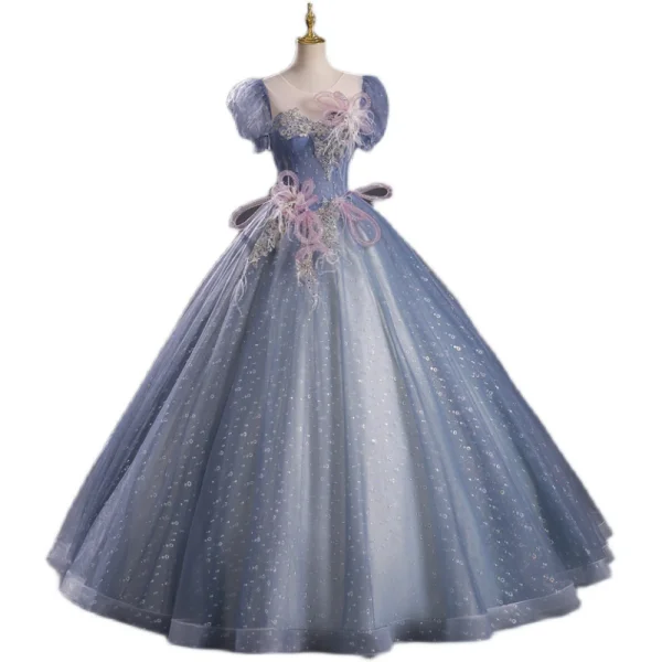 Chic / Beautiful Ocean Blue Sequins Pearl Lace Flower Prom Dresses 2023 Ball Gown Scoop Neck Puffy Short Sleeve Tassel Backless Floor-Length / Long Prom Formal Dresses
