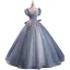 Chic / Beautiful Ocean Blue Sequins Pearl Lace Flower Prom Dresses 2023 Ball Gown Scoop Neck Puffy Short Sleeve Tassel Backless Floor-Length / Long Prom Formal Dresses