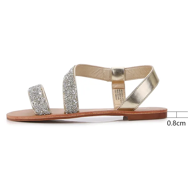 Piękne Srebrny Plaża Lato Rhinestone Płaskie Pantofle & Klapki Sandały Damskie 2022 Peep Toe