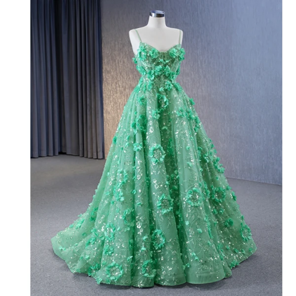 Haut de Gamme Charmant Vert Cendré Perlage Paillettes Appliques Robe De Bal 2023 Princesse Bretelles Spaghetti Sans Manches Dos Nu Train De Balayage Promo Robe De Ceremonie