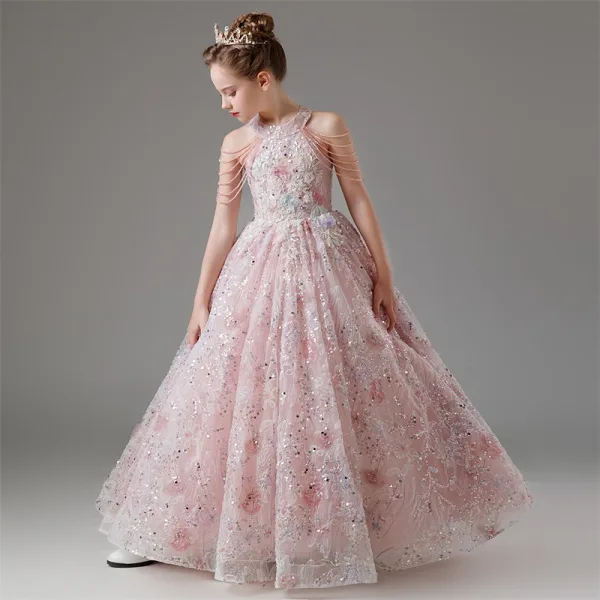 Charming Blushing Pink Beading Tassel Sequins Lace Flower Floor-Length / Long Birthday Flower Girl Dresses 2024 Ball Gown Scoop Neck Sleeveless Tulle