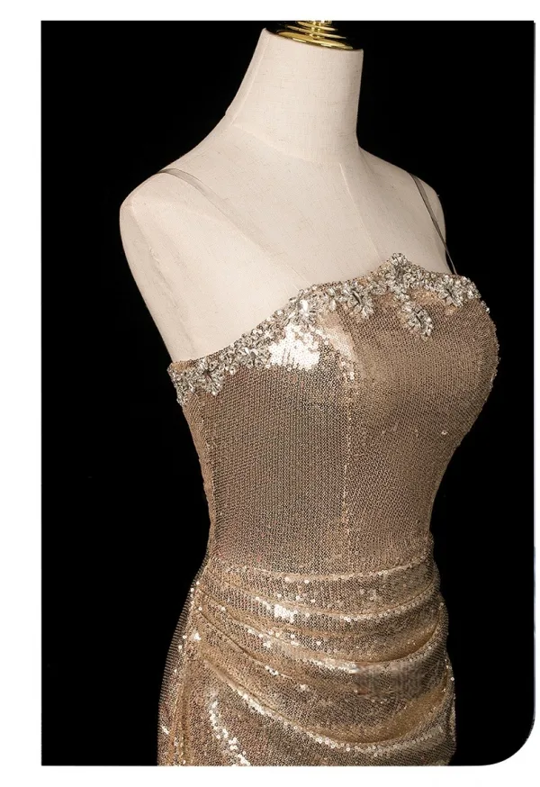 Sexy Glitzernden Champagner Pailletten Abendkleider 2025 Meerjungfrau Bandeau Ärmellos Rückenfreies Lange Abend Festliche Kleider