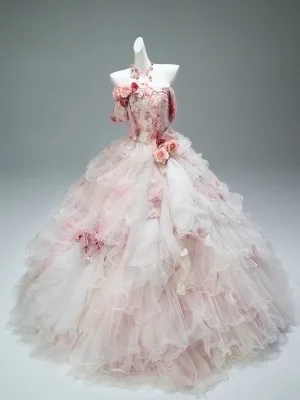 Luksus Blomsterfe Rødmende Rosa Håndlaget Perle Rhinestone Appliques Gripende Ruffles Ballkjoler 2025 Ballkjole Strapless Uten Ermer Ryggløse Chapel Train