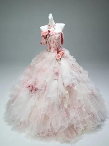 Luxury Gorgeous Flower Fairy Blushing Pink Handmade Pearl Rhinestone Appliques Cascading Ruffles Prom Dresses 2025 Ball Gown Strapless Sleeveless Backless Chapel Train