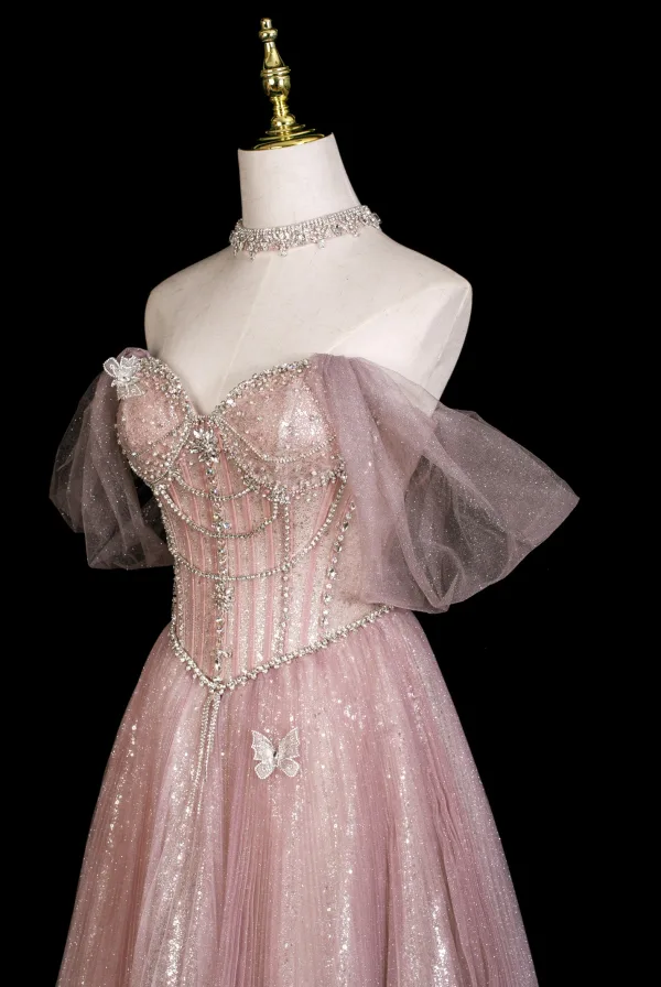 Charmant Bling Bling Rougissant Rose Perlage Faux Diamant Paillettes Robe De Bal 2025 Princesse De l'épaule Manches Courtes Dos Nu Longue Promo Robe De Ceremonie
