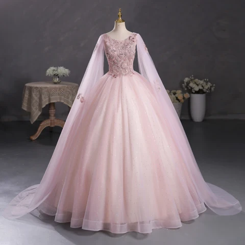 Elegante Rosa Pailletten Spitze Blumen Ballkleider 2023 Ballkleid V-Ausschnitt Kurze Ärmel Rückenfreies Lange Ball Festliche Kleider