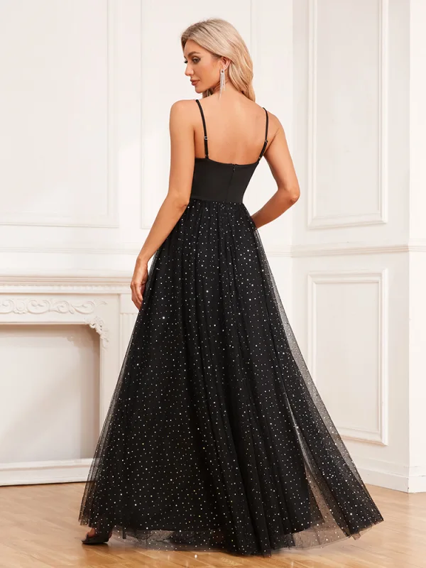 Charmant Noire Paillettes Robe De Soirée 2024 Princesse Bretelles Spaghetti Sans Manches Dos Nu Longue Soirée Robe De Ceremonie