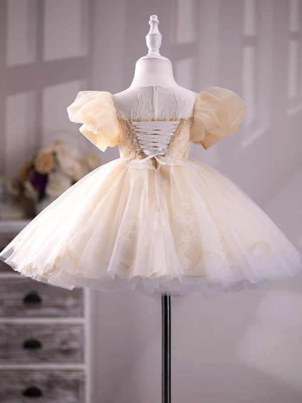 Chic / Beautiful Champagne Lace Flower Birthday Flower Girl Dresses 2024 Ball Gown Scoop Neck Puffy Short Sleeve Floor-Length / Long