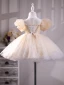 Chic / Beautiful Champagne Lace Flower Birthday Flower Girl Dresses 2024 Ball Gown Scoop Neck Puffy Short Sleeve Floor-Length / Long