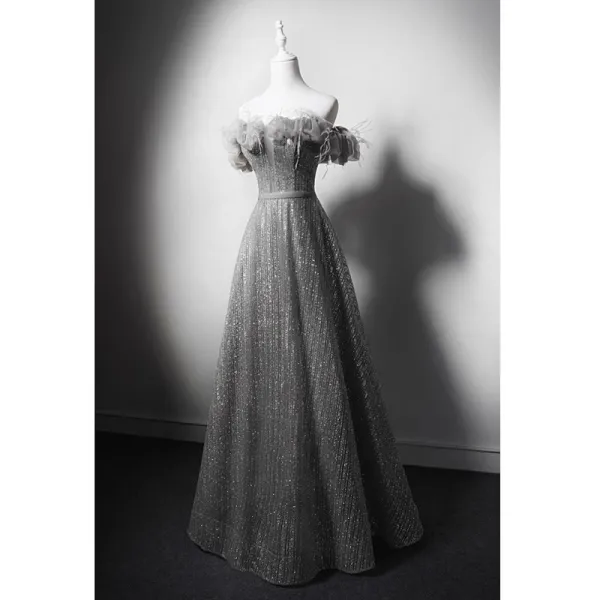 Bling Bling Grey Glitter Tassel Prom Dresses 2024 A-Line / Princess Ruffle Off-The-Shoulder Sleeveless Backless Floor-Length / Long Formal Dresses