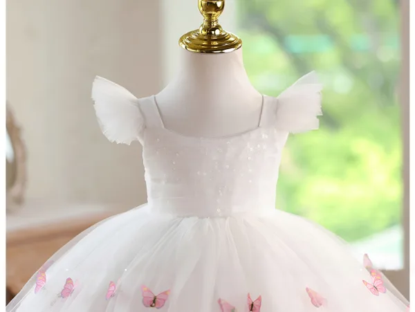 Flower Fairy White Butterfly Appliques Embroidered Birthday Flower Girl Dresses 2026 Ball Gown Square Neckline Sleeveless Backless Short