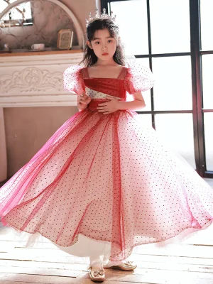 Chic Beautiful Red Spotted Birthday Flower Girl Dresses 2022 Ball Gown Square Neckline Puffy Short Sleeve Floor Length Long Flower Girl Dresses