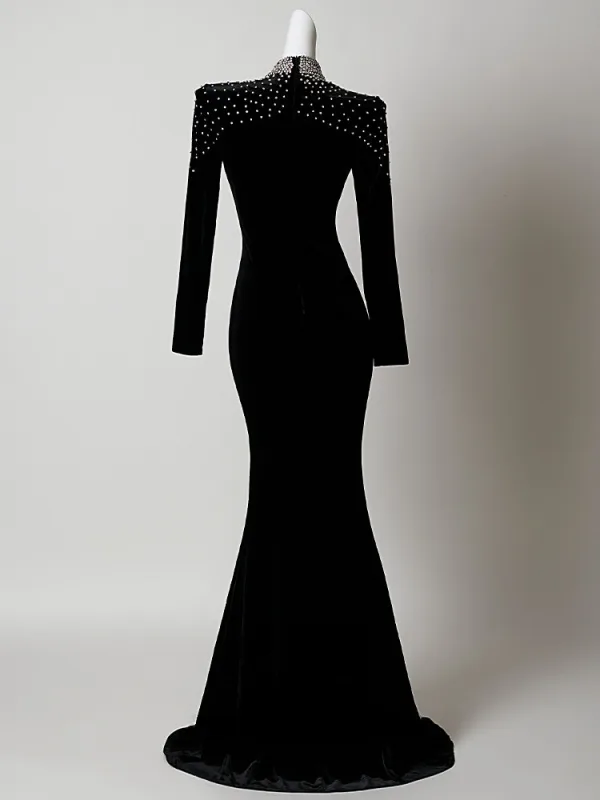 Sexy Noire Faux Diamant Velours Robe De Soirée 2026 Trompette / Sirène Col Haut Manches Longues Train De Balayage Robe De Ceremonie