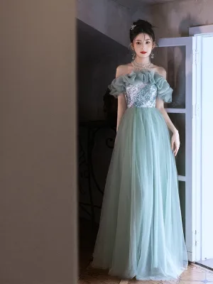 Chic Belle Vert Citron Perlage Paillettes Robe De Bal 2025 Princesse Encolure Dégagée Manches Courtes Longue Promo Robe De Ceremonie