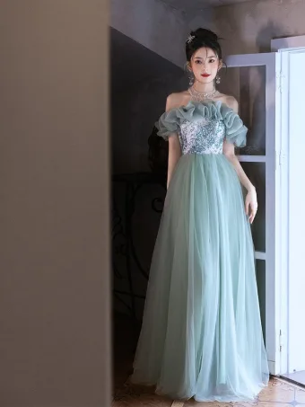 Chic Belle Vert Citron Perlage Paillettes Robe De Bal 2025 Princesse Encolure Dégagée Manches Courtes Longue Promo Robe De Ceremonie