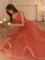 Charming Watermelon Beading Evening Dresses 2023 A-Line / Princess One-Shoulder Sleeveless Backless Floor-Length / Long Evening Party Formal Dresses