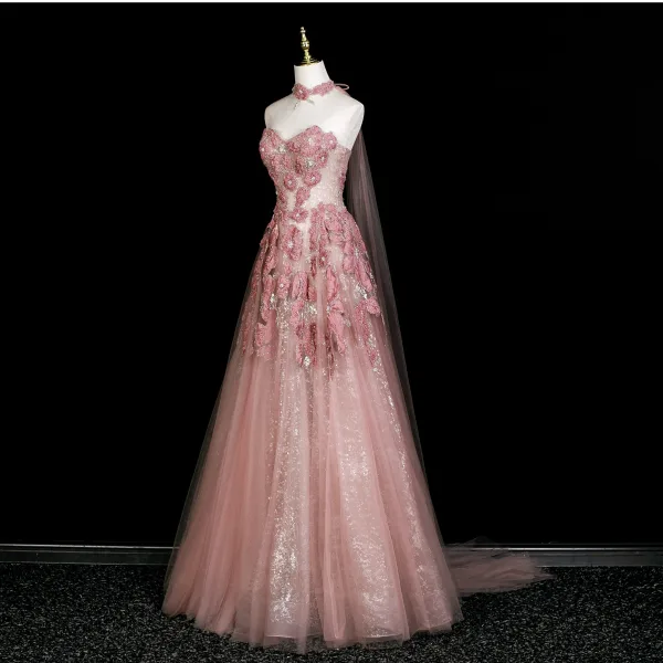 Blomsterfe Rødmende Rosa Beading Perle Paljetter Ballkjoler 2025 Prinsesse Kjæreste Uten Ermer Ryggløse Lange Formelle Kjoler
