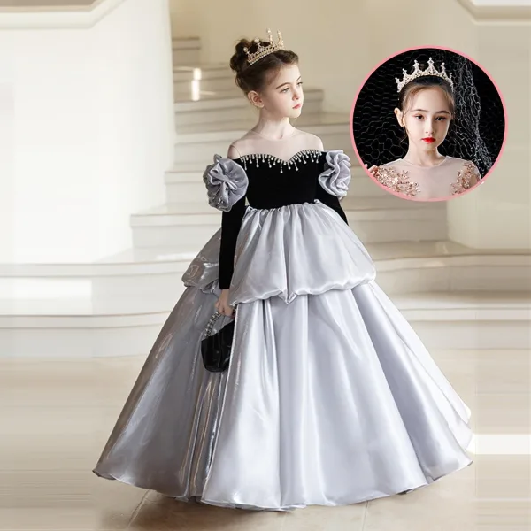 Voluminous Grey Pearl Cascading Ruffles Birthday Flower Girl Dresses 2026 Ball Gown Scoop Neck Long Sleeve Floor-Length / Long