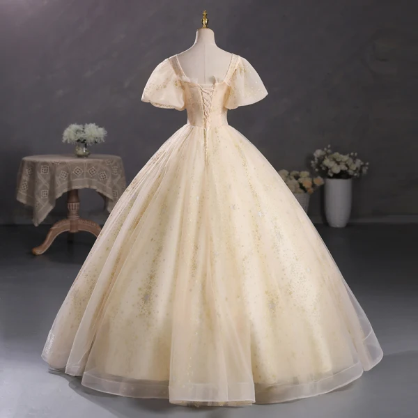 Elegant Champagne Beading Sequins Prom Dresses 2023 Ball Gown Square Neckline Puffy Short Sleeve Backless Floor-Length / Long Prom Formal Dresses