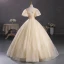 Elegant Champagne Beading Sequins Prom Dresses 2023 Ball Gown Square Neckline Puffy Short Sleeve Backless Floor-Length / Long Prom Formal Dresses