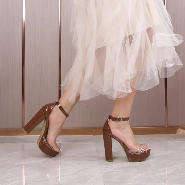 Sexy Transparent Schwarz Abend Sandalen Damen 2022 Knöchelriemen 12 cm Thick Heels Peeptoes Sandaletten Hochhackige
