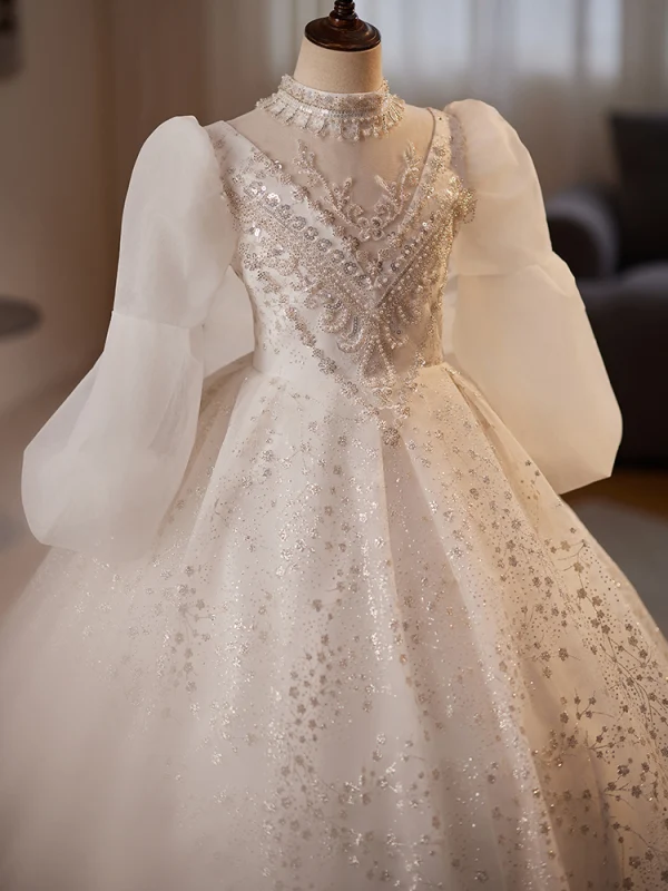 Elegant White Beading Pearl Sequins Birthday Flower Girl Dresses 2024 Ball Gown High Neck Long Sleeve Backless Floor-Length / Long