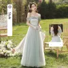 Modest / Simple Grey A-Line / Princess Bridesmaid Dresses 2024 Short Sleeve Backless Floor-Length / Long