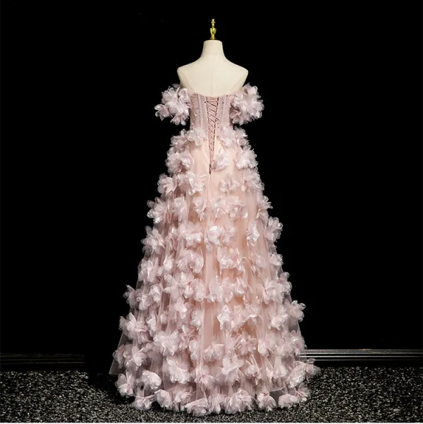 Flower Fairy Blushing Pink Handmade Beading Pearl Rhinestone Appliques Prom Dresses 2025 Ball Gown Off-The-Shoulder Short Sleeve Backless Floor-Length / Long Formal Dresses