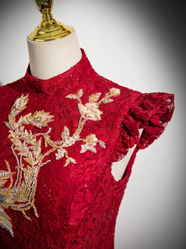 Chinese style Burgundy Beading Sequins Lace Embroidered Cheongsam 2024 A-Line / Princess High Neck Cap Sleeves Floor-Length / Long Prom
