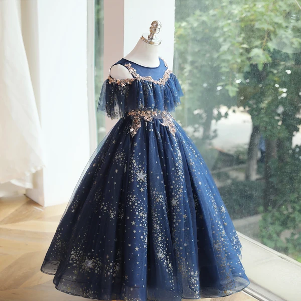 Charming Navy Blue Beading Sequins Birthday Flower Girl Dresses 2023 Ball Gown Scoop Neck Short Sleeve Floor-Length / Long Flower Girl Dresses