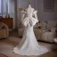 Elegante Ivory / Creme Spitze Blumen Satin Brautkleider / Hochzeitskleider 2025 Meerjungfrau Bandeau 3/4 Ärmel Rückenfreies Schleife Sweep / Pinsel Zug