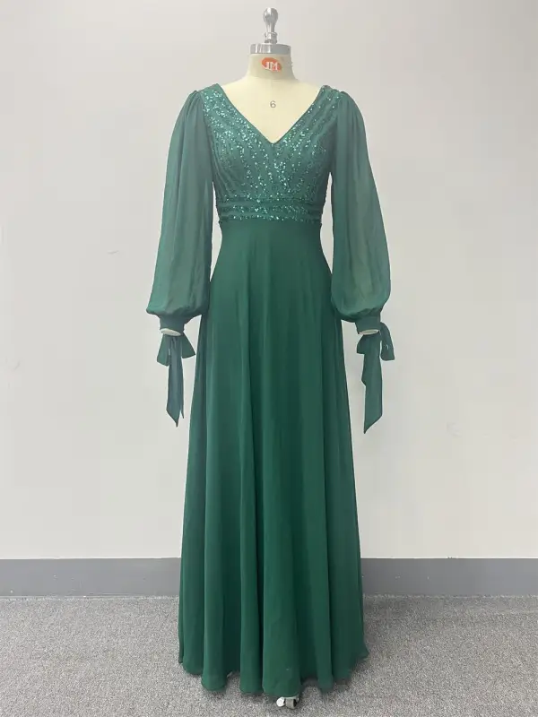 Elegant Dark Green Sequins Prom Dresses 2024 A-Line / Princess V-Neck Long Sleeve Backless Floor-Length / Long Prom Formal Dresses