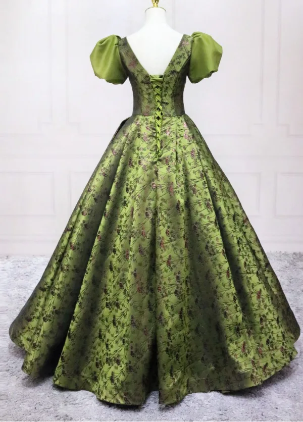 Elegant Sage Green Printing Prom Dresses 2025 Ball Gown Square Neckline Puffy Short Sleeve Backless Floor-Length / Long Prom Formal Dresses