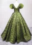Elegant Sage Green Printing Prom Dresses 2025 Ball Gown Square Neckline Puffy Short Sleeve Backless Floor-Length / Long Prom Formal Dresses