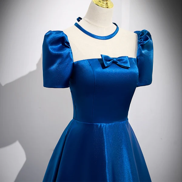 Vintage / Retro Royal Blue Satin Prom Dresses 2022 A-Line / Princess Square Neckline Bow Short Sleeve Backless Floor-Length / Long Prom Formal Dresses