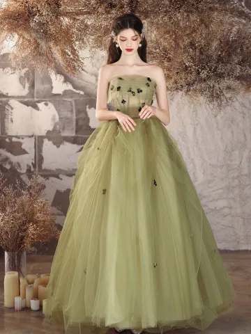 Elegant Sage Green Appliques Prom Dresses 2024 Ball Gown Strapless Sleeveless Backless Floor Length Long Formal Dresses