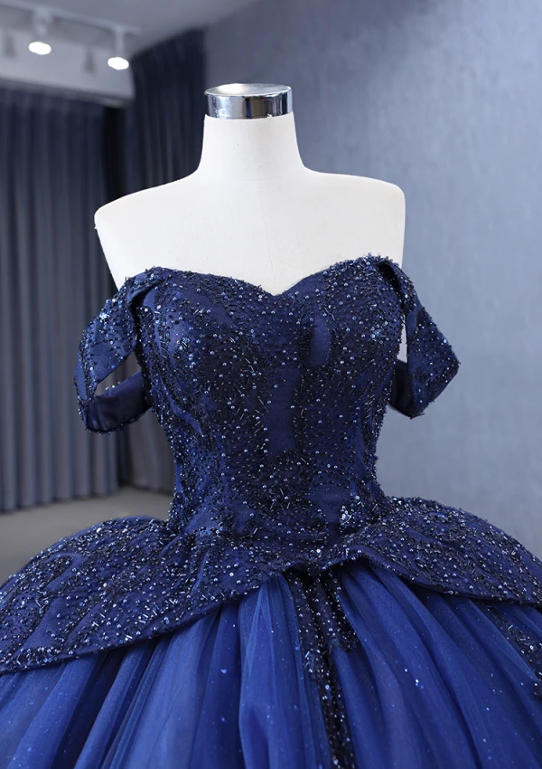 Vintage / Originale Haut de Gamme Bleu Marine Perlage Fait main Perle Paillettes Robe De Bal 2023 Robe Boule Col Haut Sans Manches Dos Nu Chapel Train Promo Robe De Ceremonie