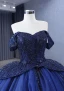 Vintage / Originale Haut de Gamme Bleu Marine Perlage Fait main Perle Paillettes Robe De Bal 2023 Robe Boule Col Haut Sans Manches Dos Nu Chapel Train Promo Robe De Ceremonie