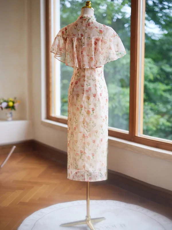 Style Chinois Chic / Belle Beige Impression Cheongsam 2024 Trompette / Sirène Col Haut Manches Courtes Longue