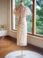 Style Chinois Chic / Belle Beige Impression Cheongsam 2024 Trompette / Sirène Col Haut Manches Courtes Longue