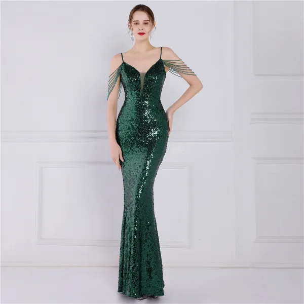 Scintillantes Blanche Laser Paillettes Robe De Soirée 2022 Trompette / Sirène Bretelles Spaghetti Sans Manches Dos Nu Perlage Longue Soirée Robe De Ceremonie